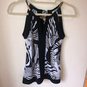 Cache beaded black and white sleeveless blouse